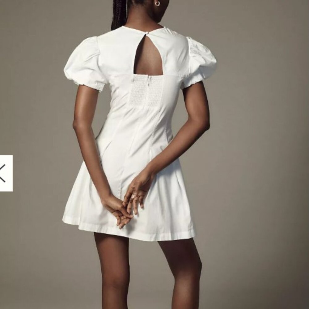 Anthropologie Maeve Puff Sleeve White Cotton Lined Smocked Mini A Line Dress M - Picture 2 of 7